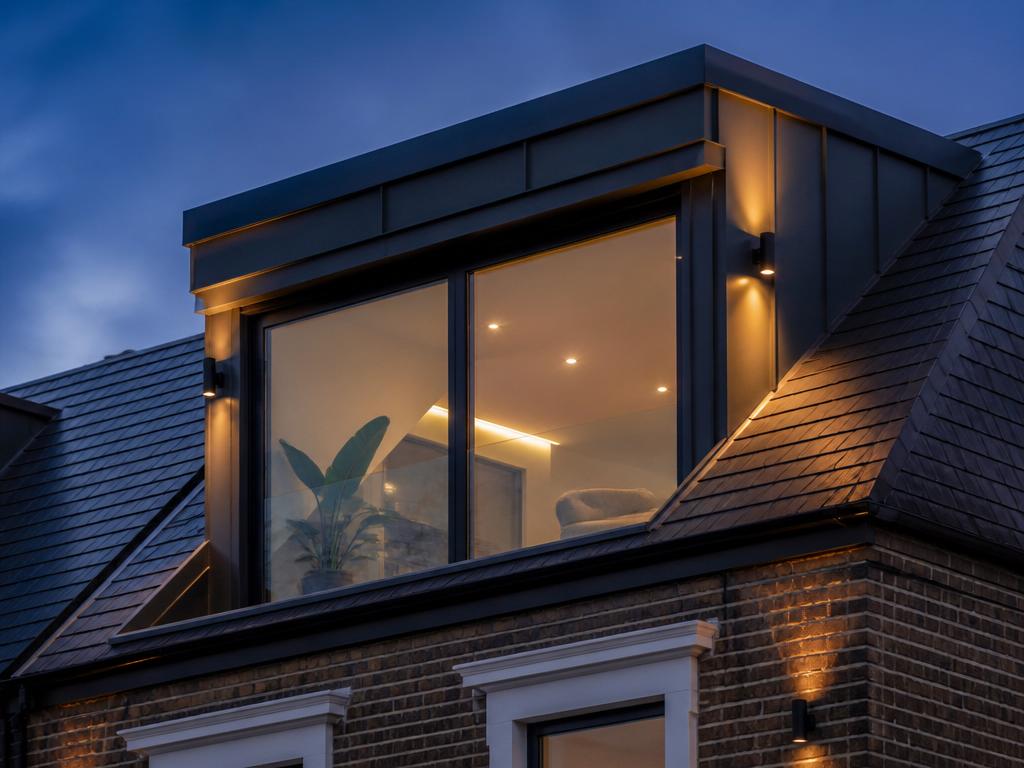 A finished Nexus dormer loft conversion at dusk, lit warmly from within